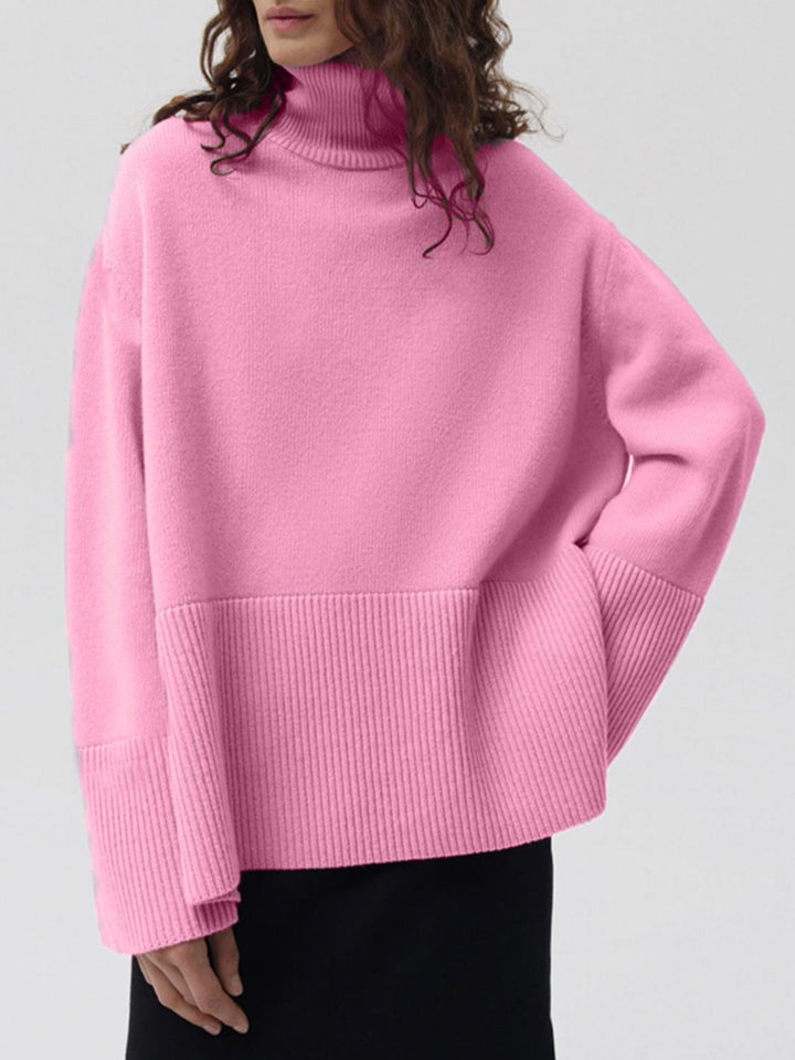 Side Slit Turtleneck Drop Shoulder Sweater