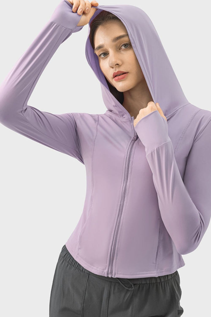 Pocketed Zip Up Hooded Long Sleeve