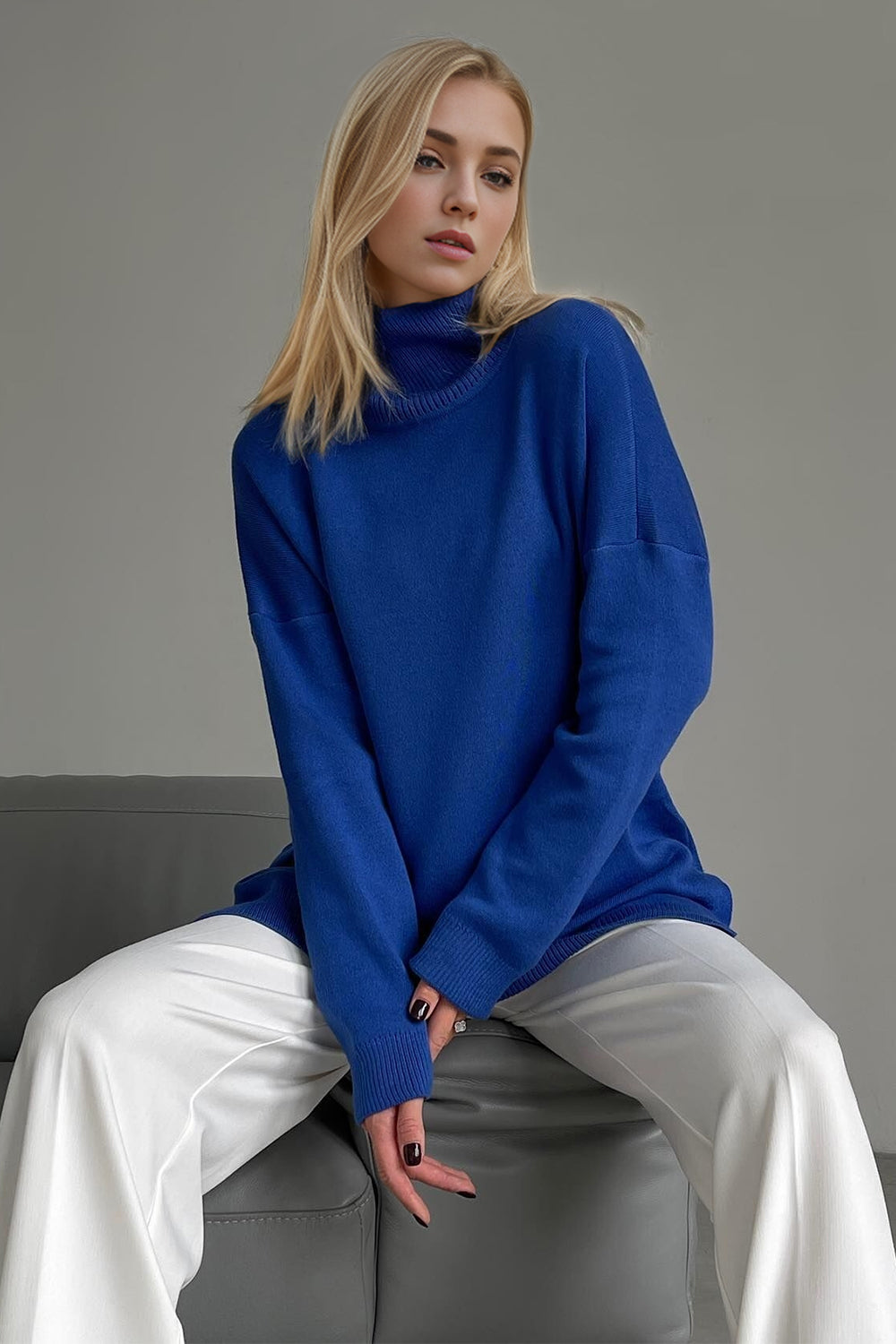 Side Slit Turtleneck Dropped Shoulder Sweater