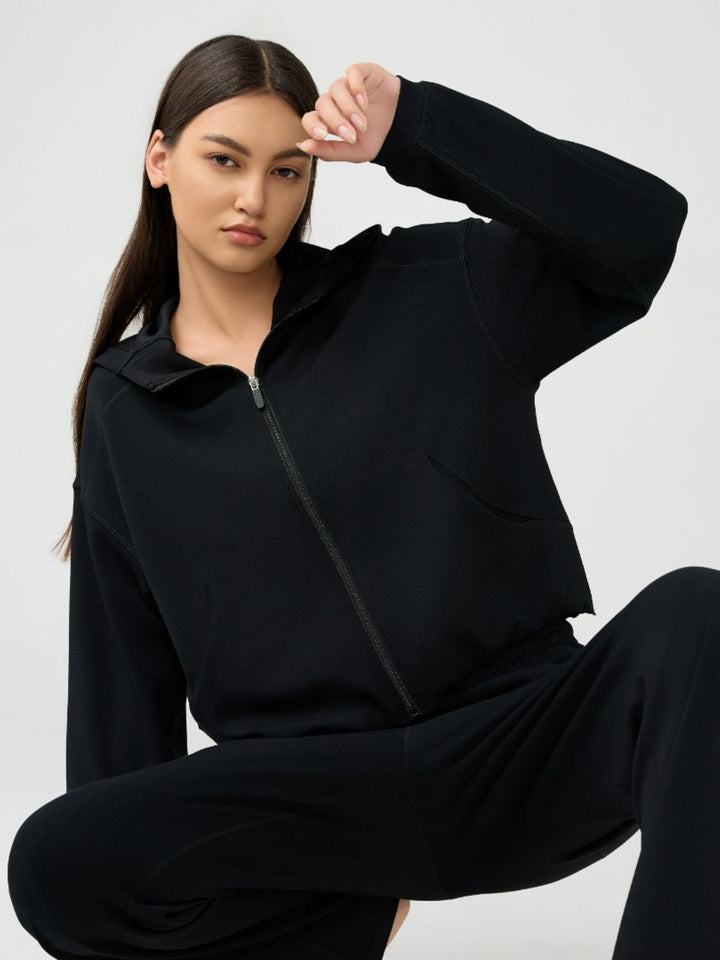 Zip Up Dropped Shoulder Active Hooded