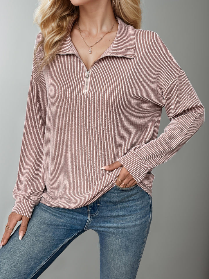 Striped Half Zip Long Sleeve T-Shirt