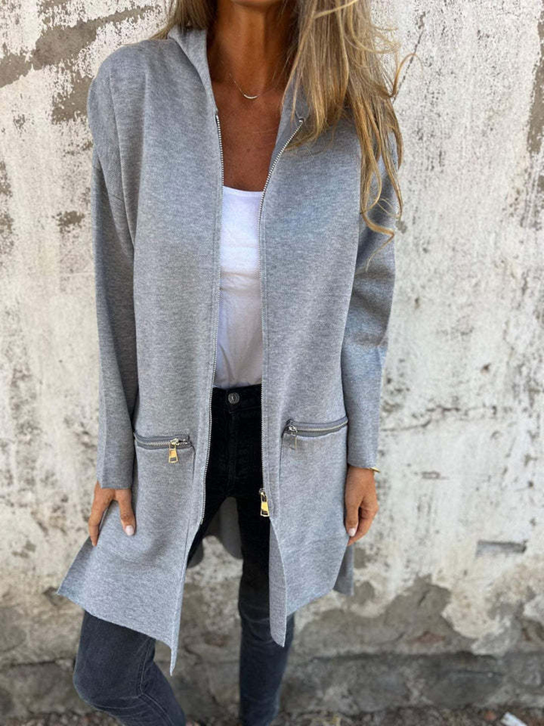 Zip Up Drop Shoulder Longline Hooded Jacket