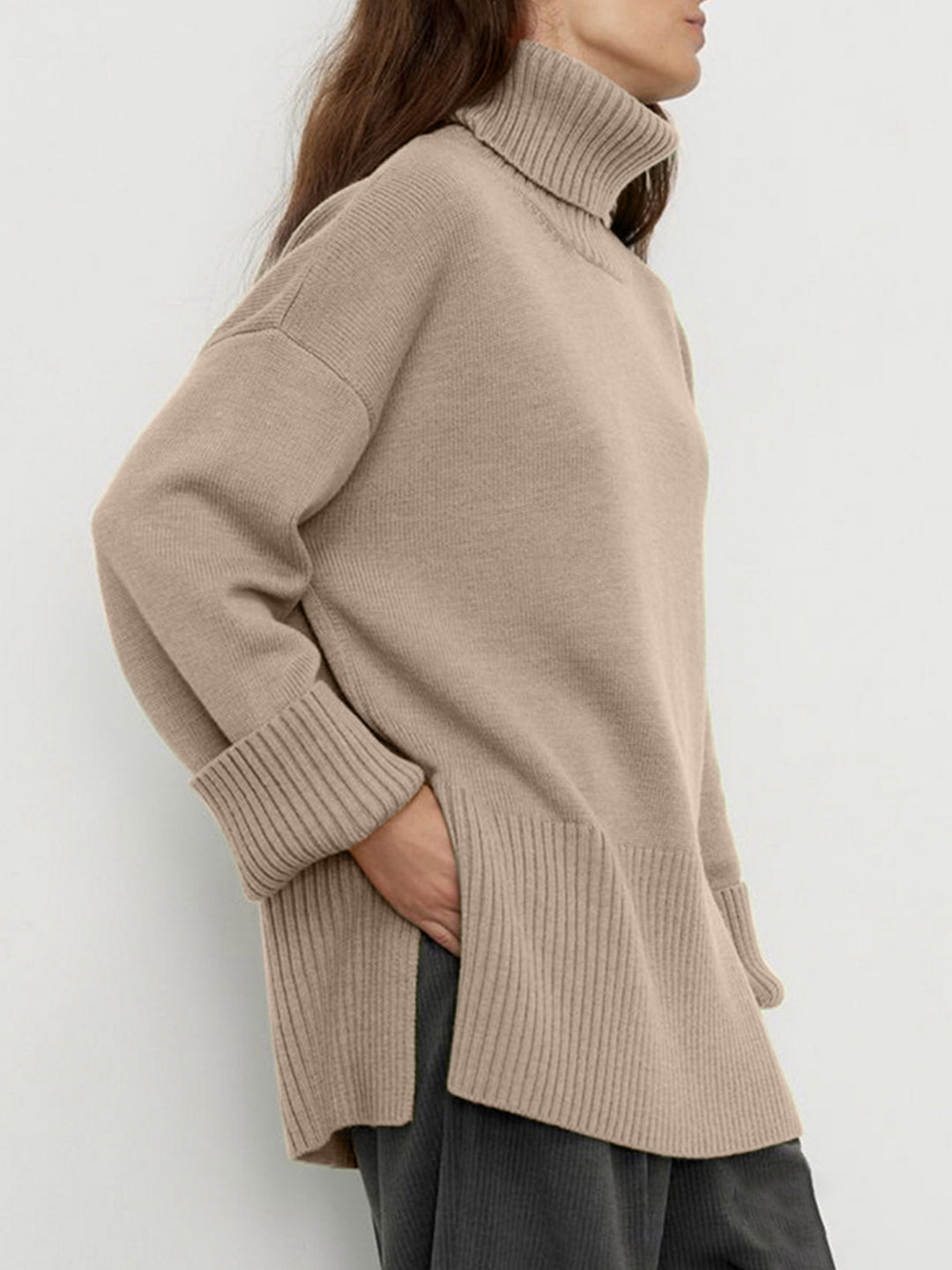 Side Slit Turtleneck Drop Shoulder Sweater