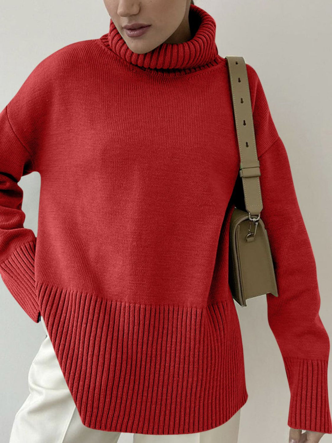 Side Slit Turtleneck Drop Shoulder Sweater