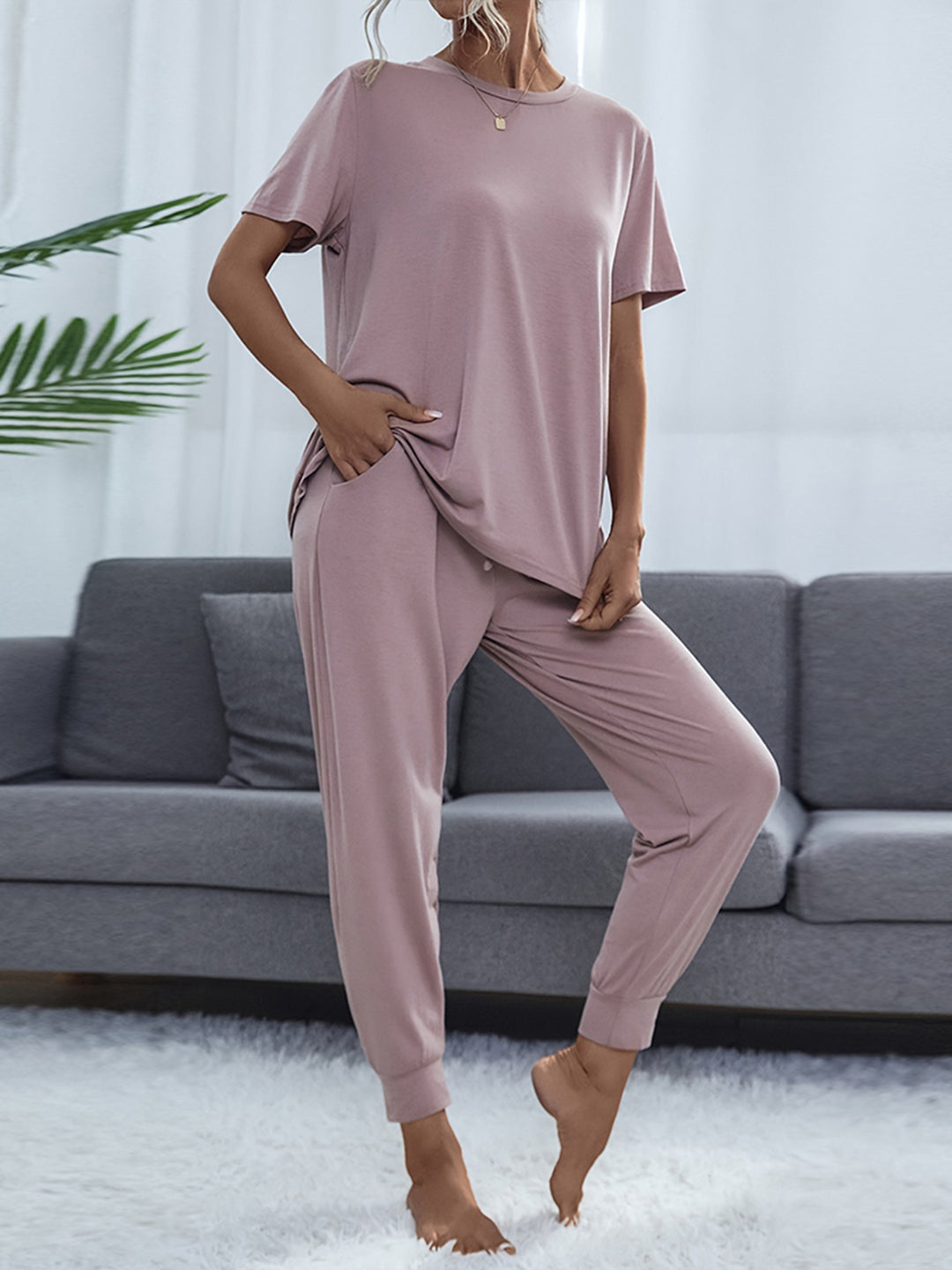 Round Neck Short Sleeve Top and Pants Set