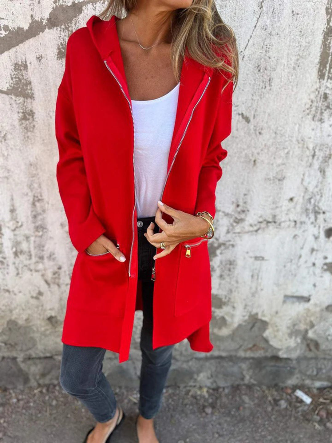 Zip Up Drop Shoulder Longline Hooded Jacket