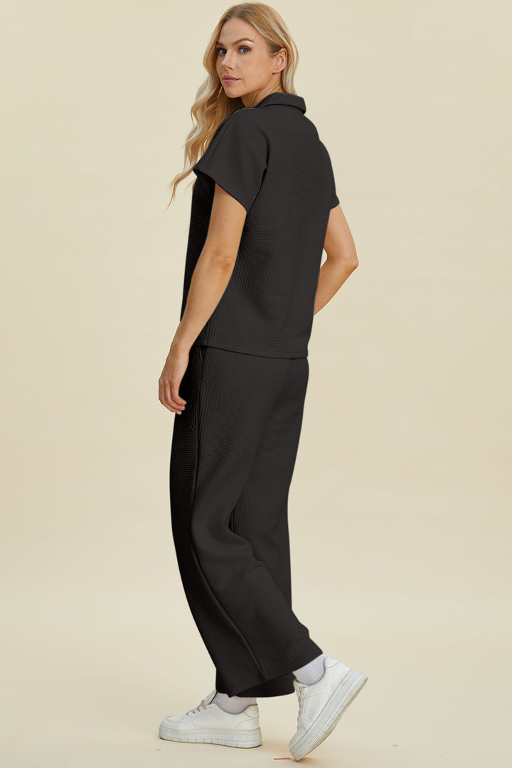 Collared Neck Short Sleeve Top and Pants Set