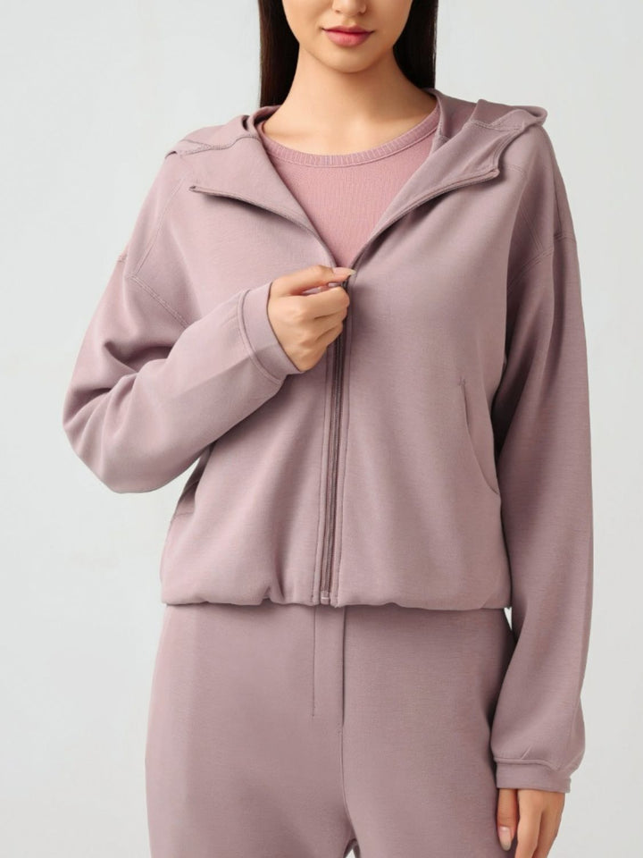 Zip Up Dropped Shoulder Active Hooded