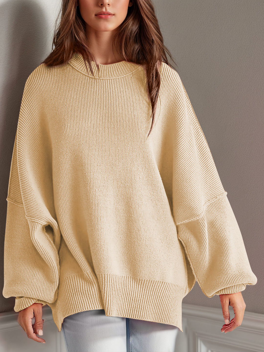 Side Slit Round Neck Long Sleeve Sweater