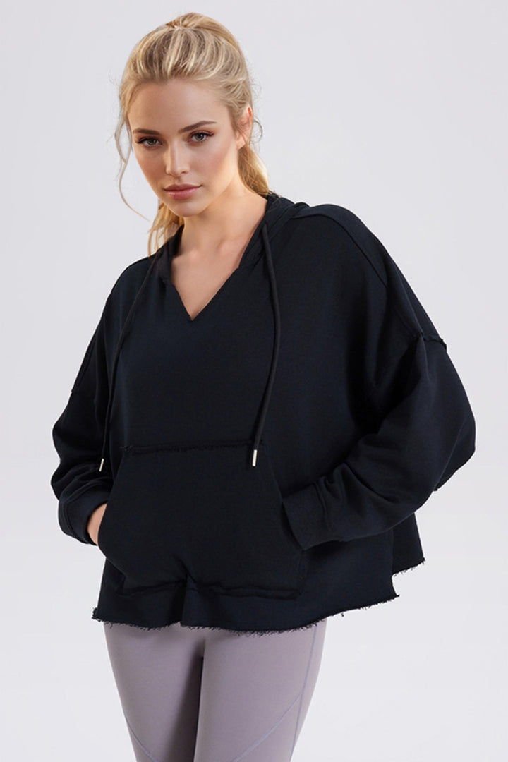 Drawstring Frayed Hem Long Sleeve Hoodie