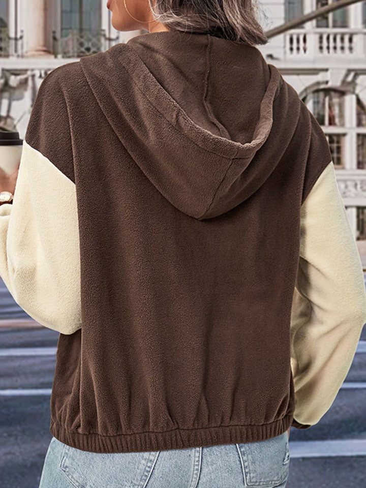 Two-Tone Zip-Up Dropped Shoulder Hooded Jacket