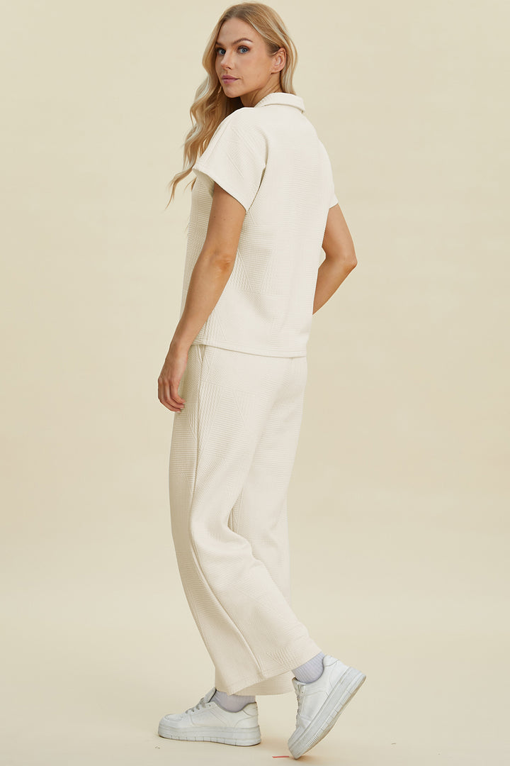 Collared Neck Short Sleeve Top and Pants Set