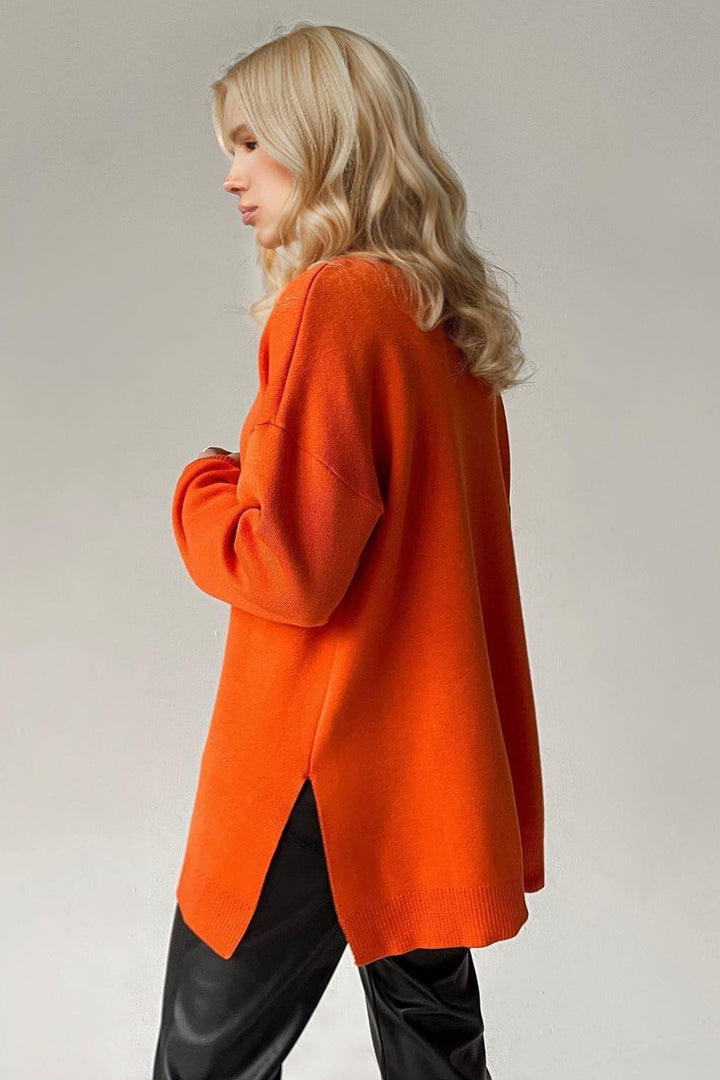 Side Slit Turtleneck Dropped Shoulder Sweater