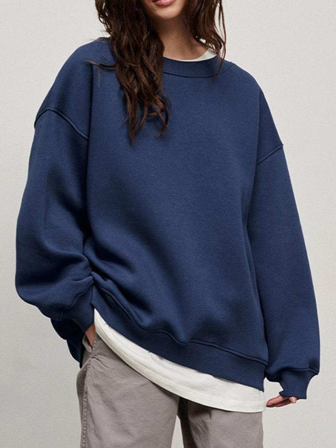 Round Neck Dropped Shoulder Long Sleeve Sweatshirt