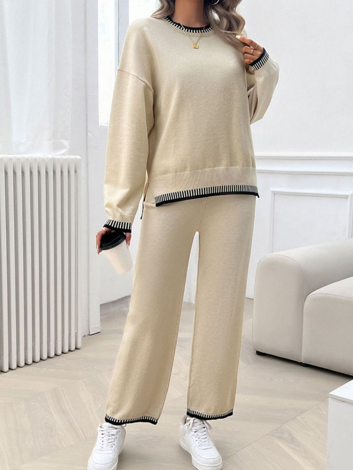 Round Neck Dropped Shoulder Top and Pants Sweater Set