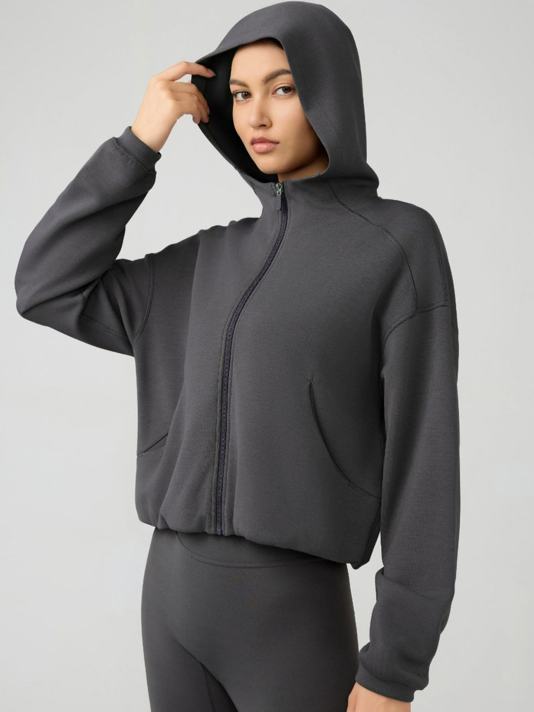 Zip Up Dropped Shoulder Active Hooded