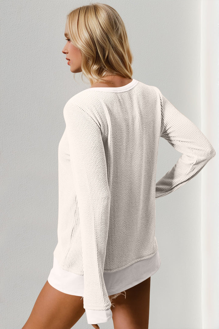 Corded Rib Thumbhole Cuff Round Neck T-Shirt