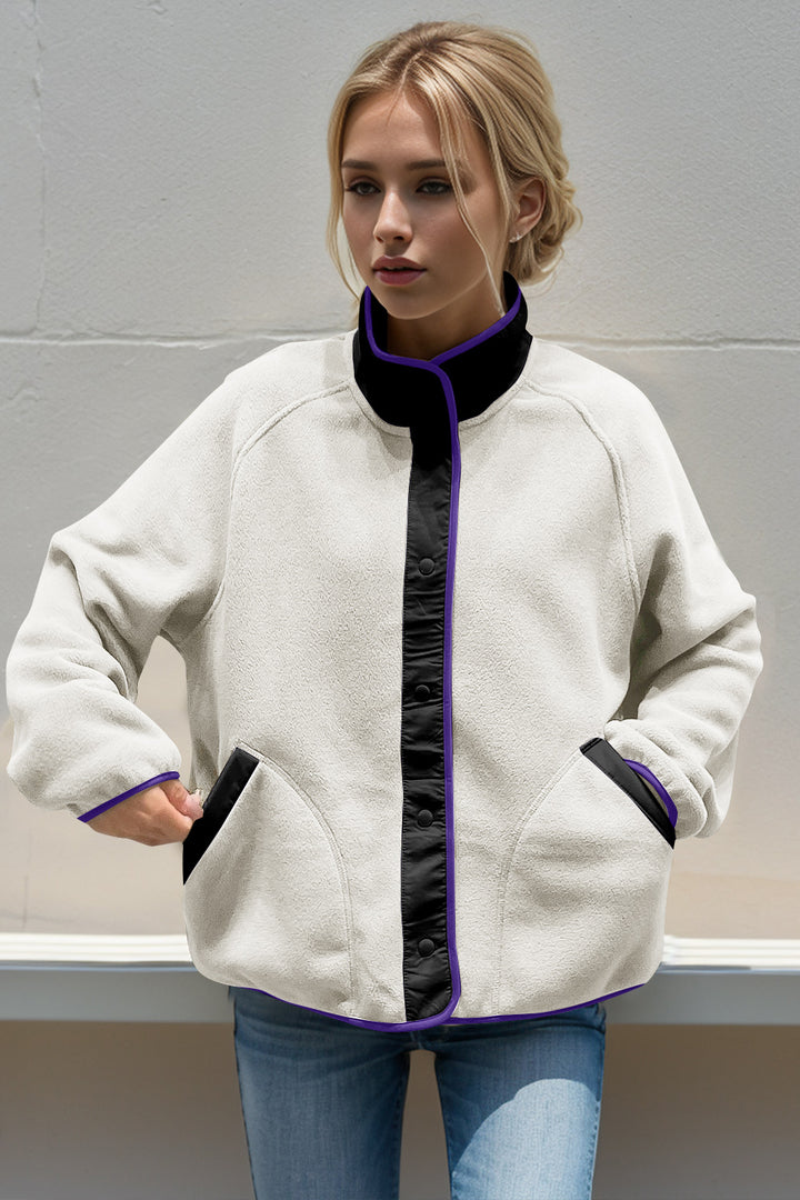 Snap Down Contrast Fleece Jacket with Pockets