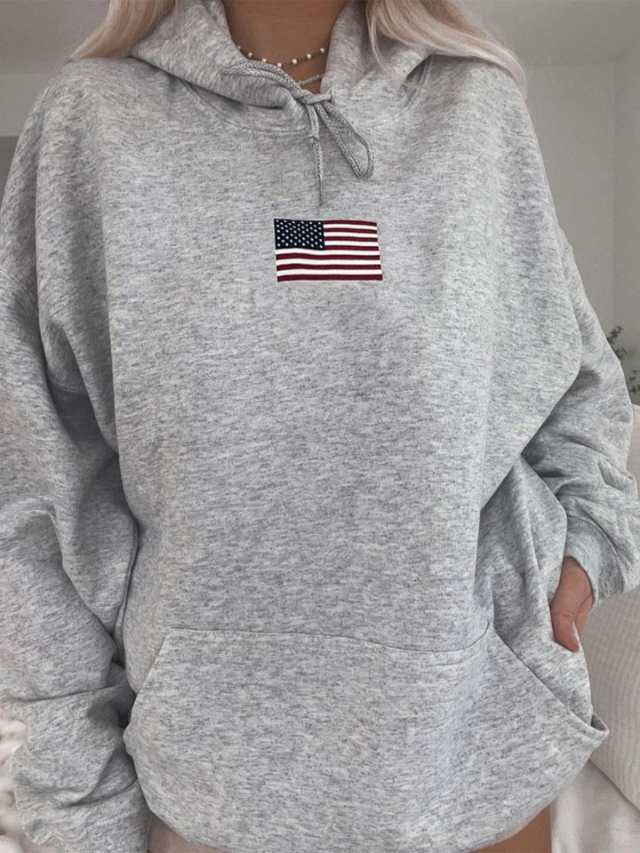 Drawstring US Flag Long Sleeve Hoodie