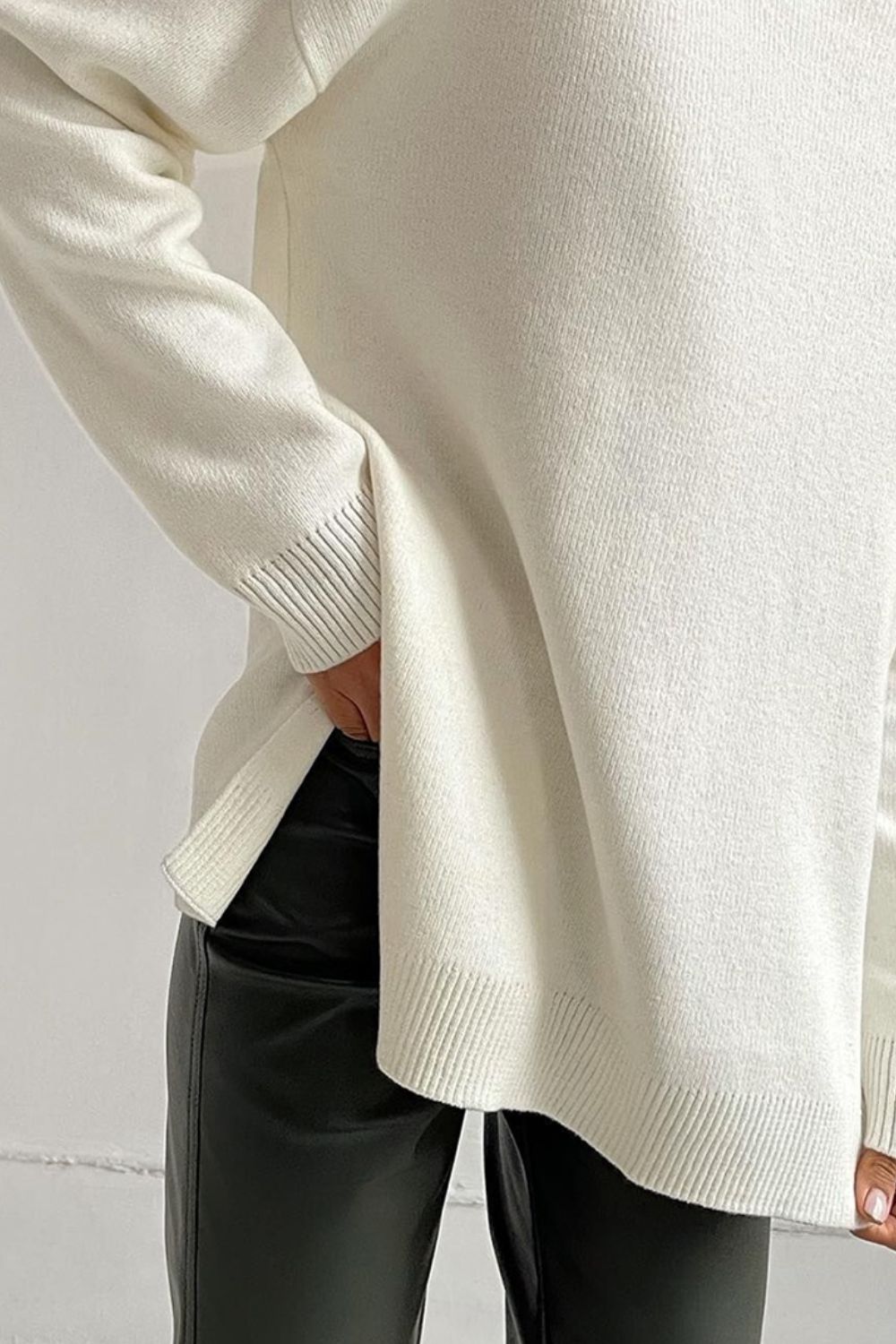 Side Slit Turtleneck Dropped Shoulder Sweater