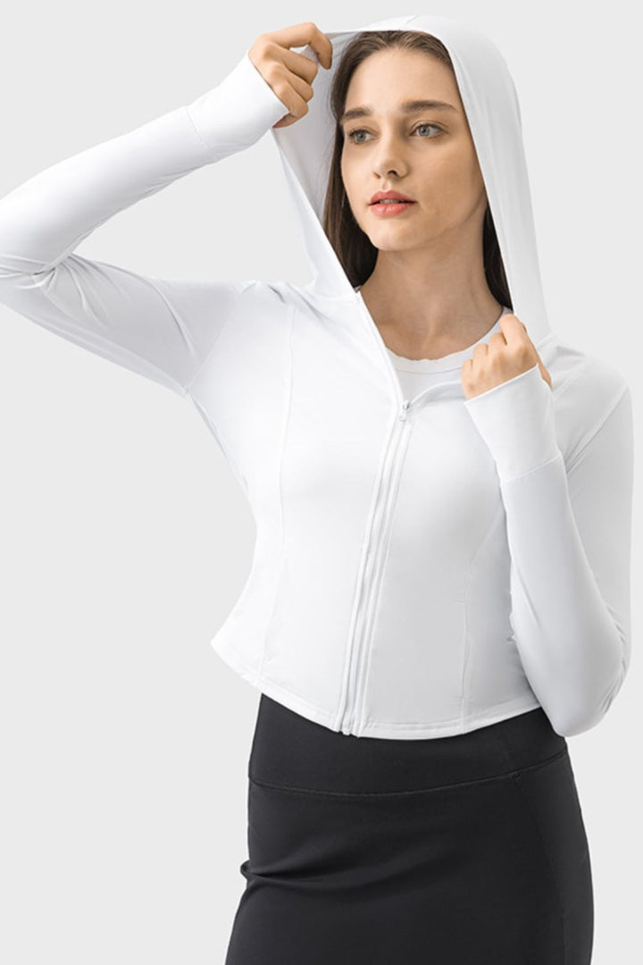 Pocketed Zip Up Hooded Long Sleeve