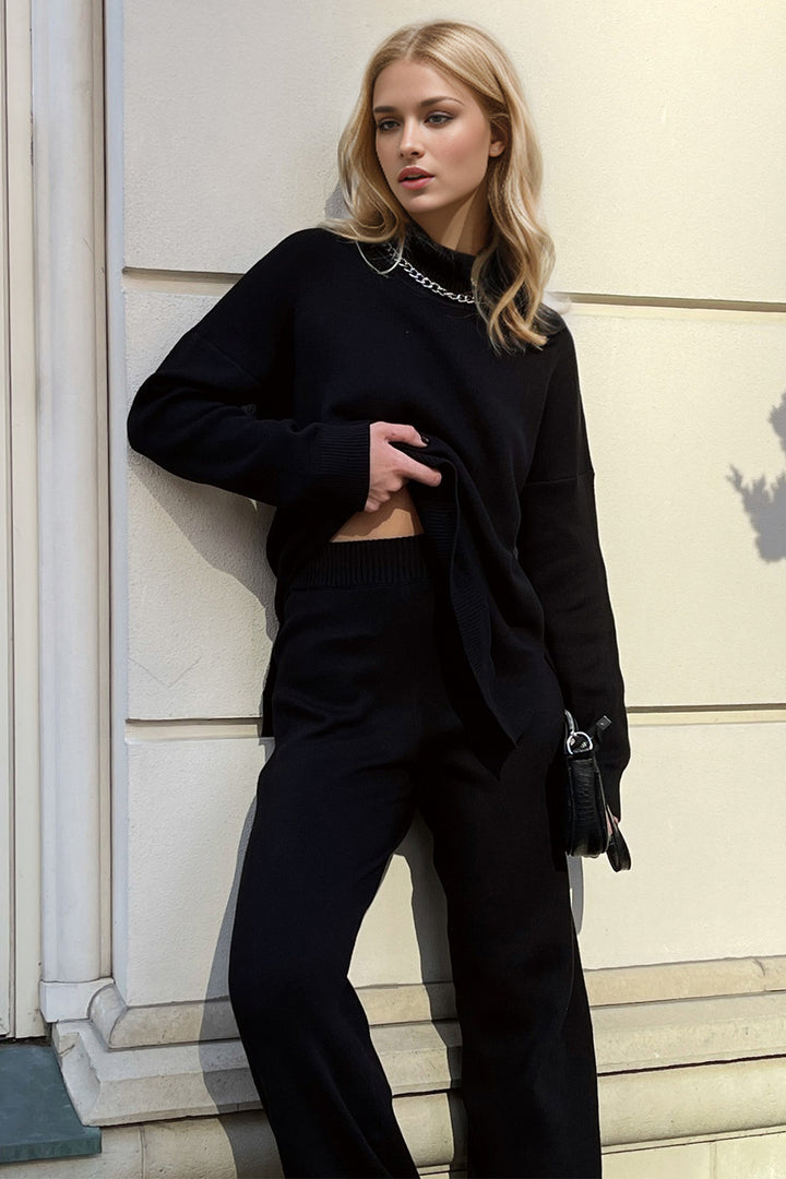 Side Slit Turtleneck Dropped Shoulder Sweater